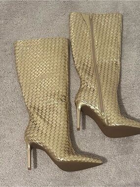 INC International Concepts Metallic Gold Woven Knee-High Stiletto Boots